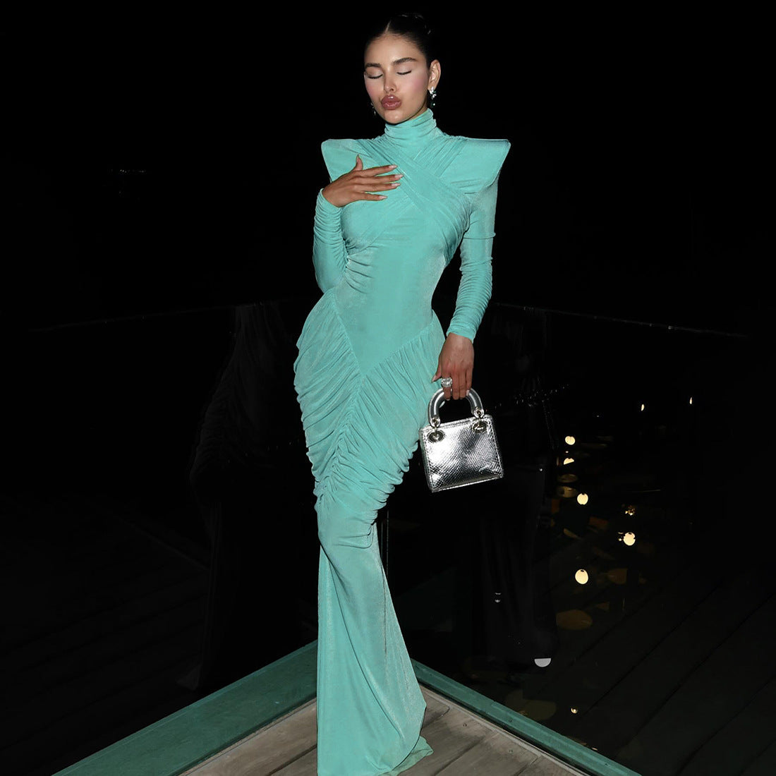 Teal turtleneck backless maxi dress with ruched pleats and long sleeves