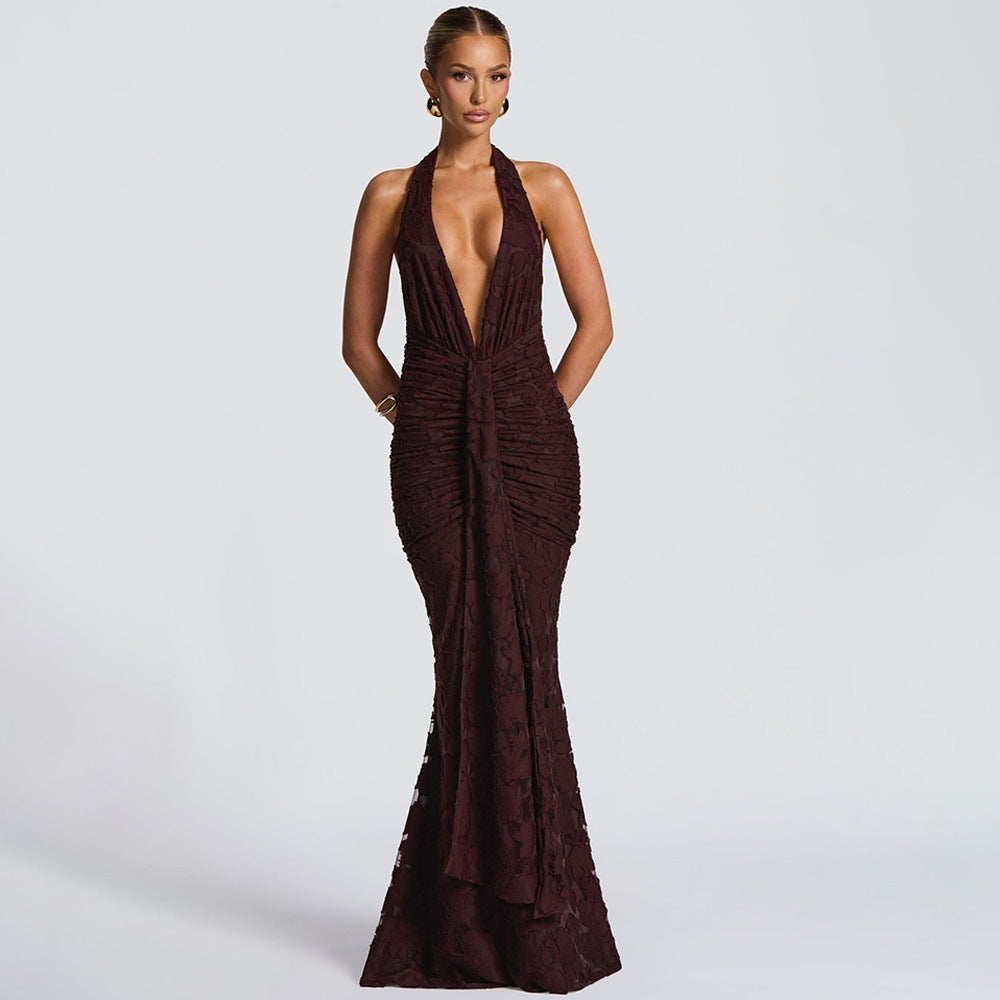 Coffee brown lace pleated maxi dress with deep V plunge and fitted mermaid hem