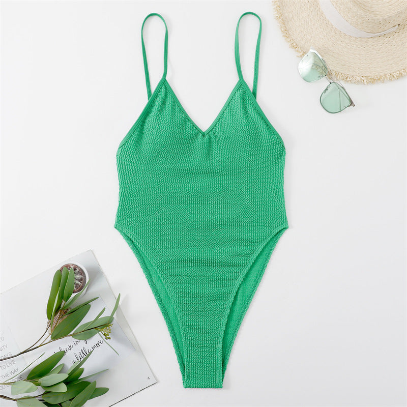 Deep V Plunge Bikini Sexy Swimsuit Solid Color Wrinkle Champray Bikini