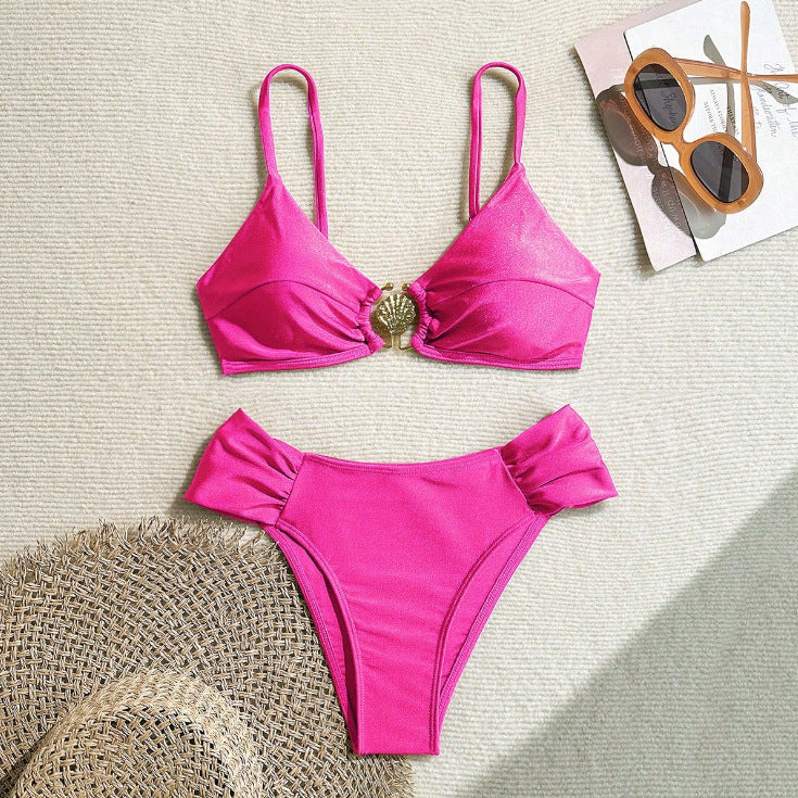 Pink solid-color bikini set with triangle top and high-cut brief bottoms