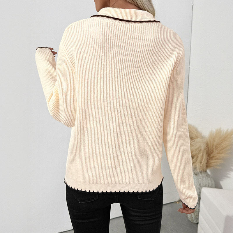 Sweet Chanel Bow Lace up Turn down Collar Trim Contrast Color Sweater Women Cardigan