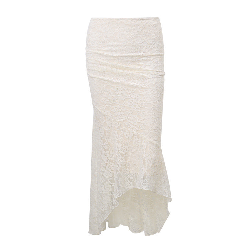 Cream lace mermaid midi skirt with scalloped hem