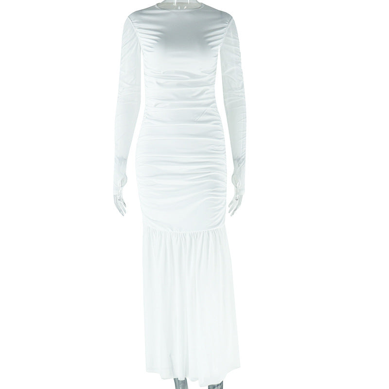 Women Clothing Solid Color Dress round Neck Long Sleeve Mesh Stitching Casual Dress