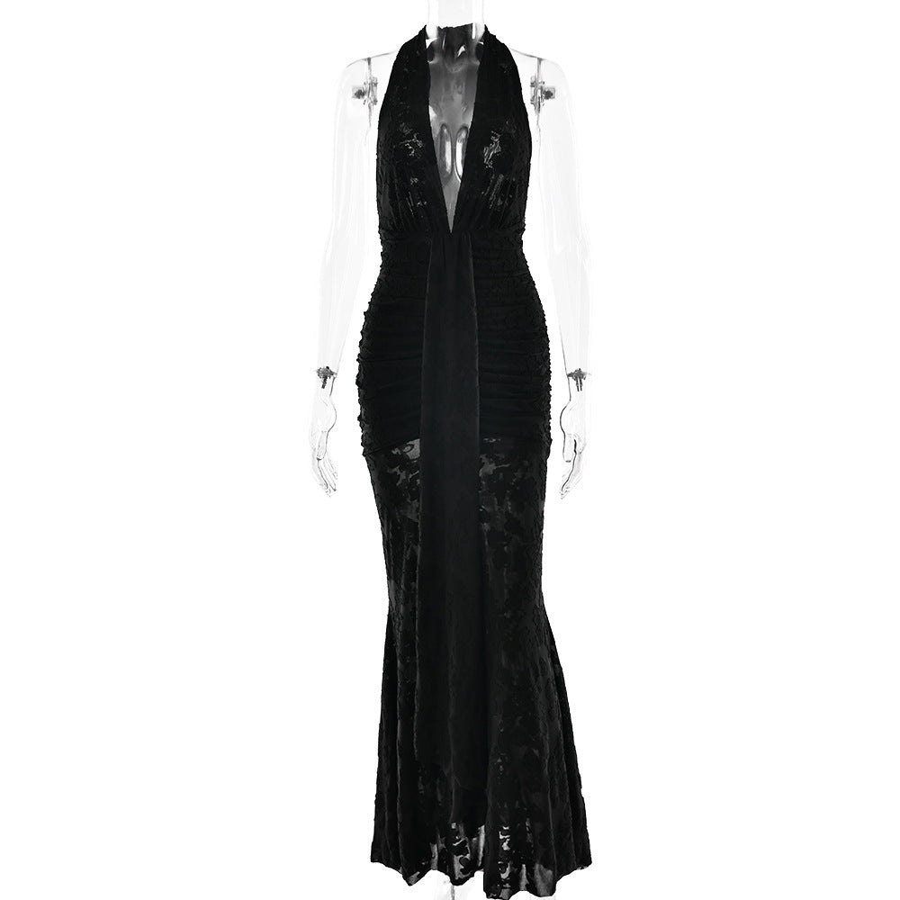 Black lace pleated maxi dress, deep V backless design with long fitted silhouette