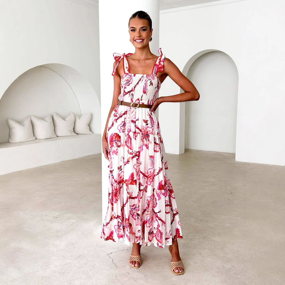 Floral smocked waist maxi dress, white with pink and red print, knotted tie shoulder straps