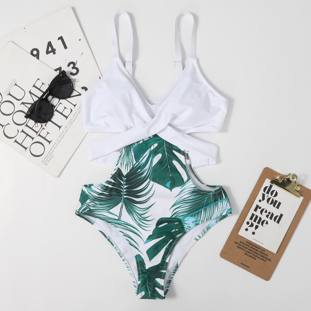 One-Piece Leaf-Shaped Floral Color Matching Women Swimsuit Lace-up Sexy Triangle Bikini