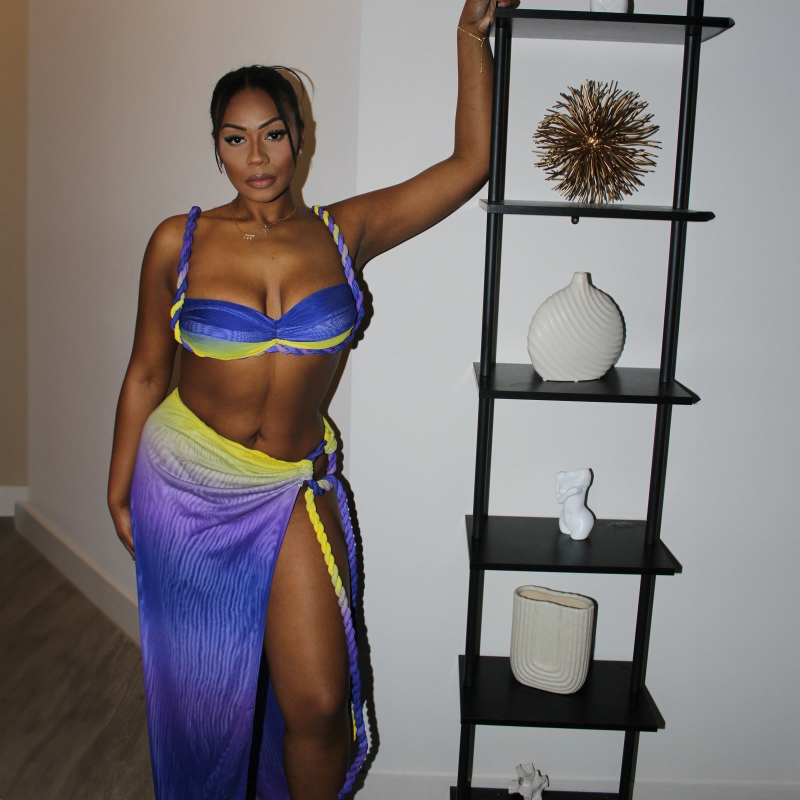 Multicolor woven bandeau halter swimsuit top with matching side-tie skirt