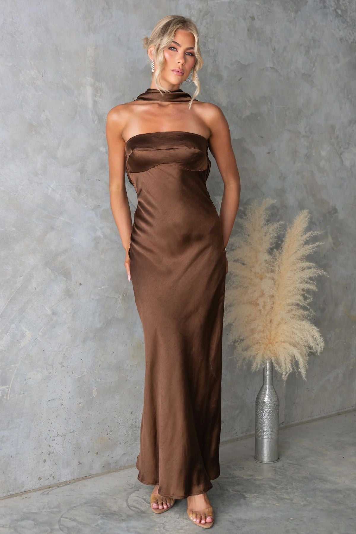 Coffee satin halter maxi dress with strapless bandeau bodice and long straight skirt