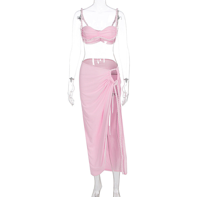 Light pink halter ruched bikini top with sheer-look draped high-slit skirt set