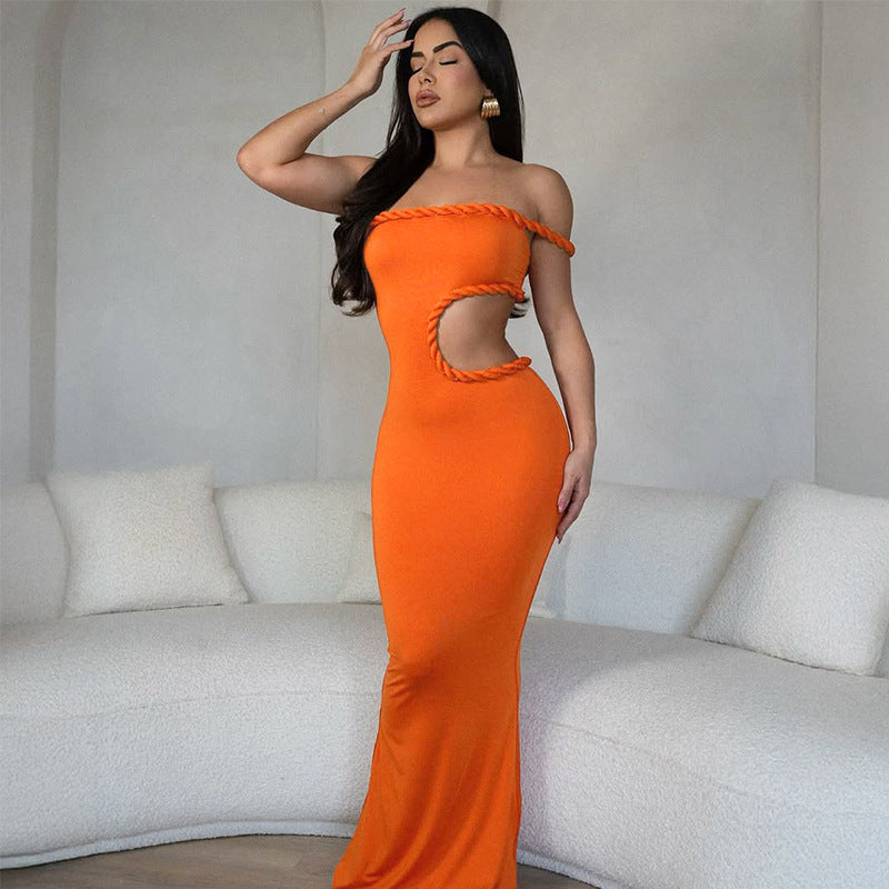 Summer Women Clothing Sexy off Neck Hollow Out Cutout out Cropped Slim Hip Dress