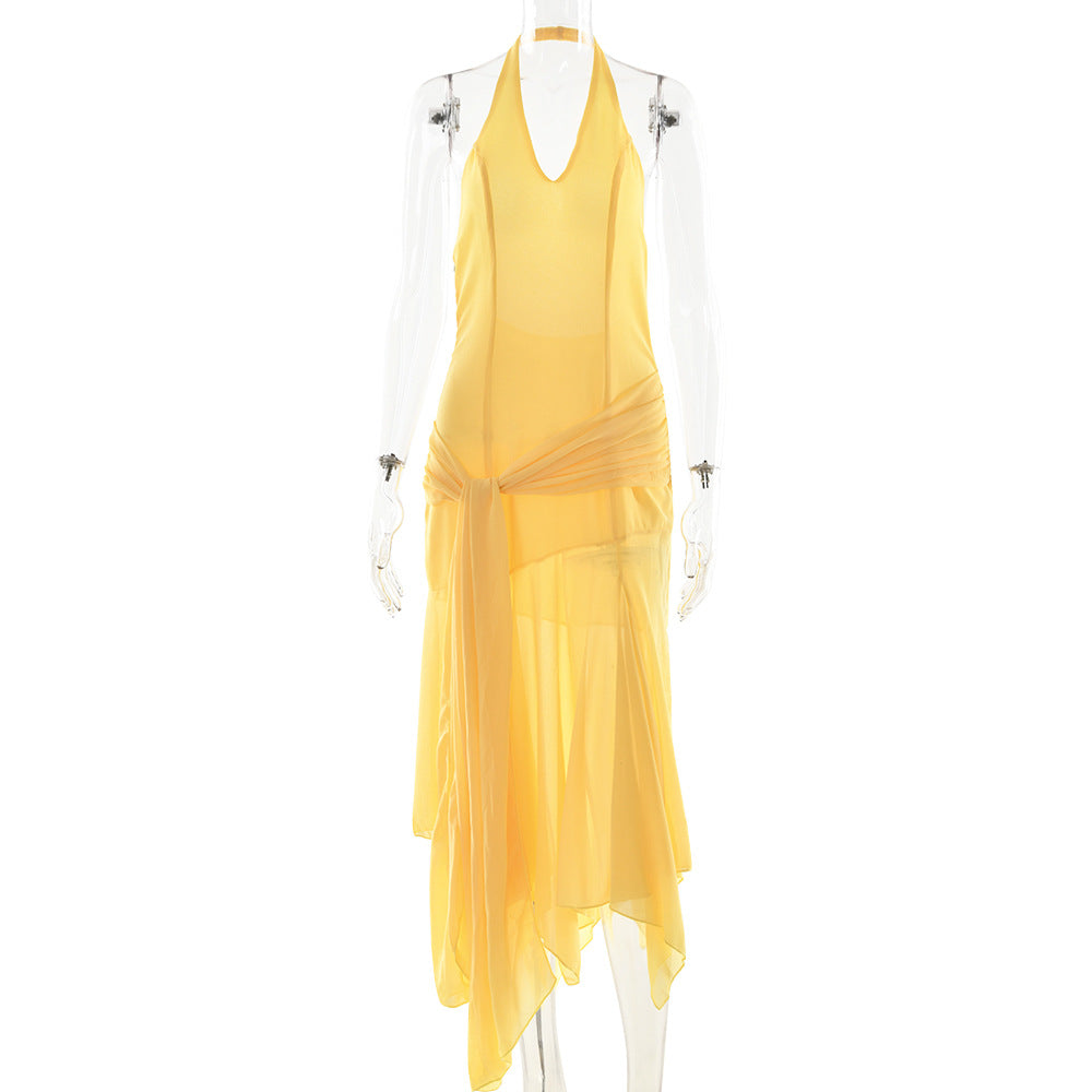 Yellow halter chiffon dress with deep V, ribbon waist tie, layered sheer skirt