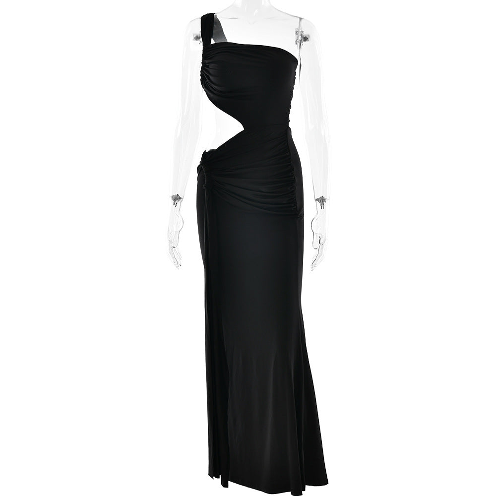 Black one-shoulder backless maxi dress with ruched bodice and draped skirt