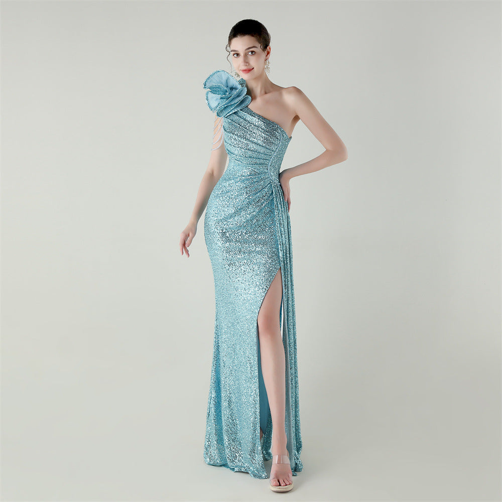 Sky blue one-shoulder beaded evening dress with diagonal neckline and side slit fishtail hem