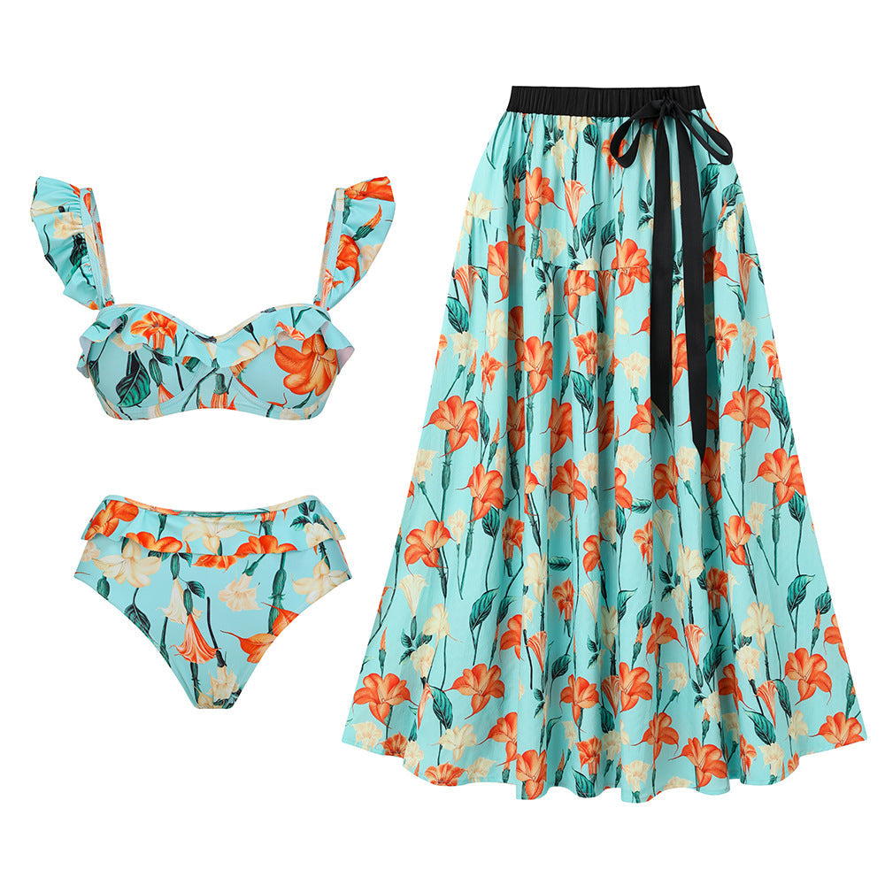 Split Bikini Lotus Sleeve High Waisted Trousers Sexy Slimming Swimsuit Women