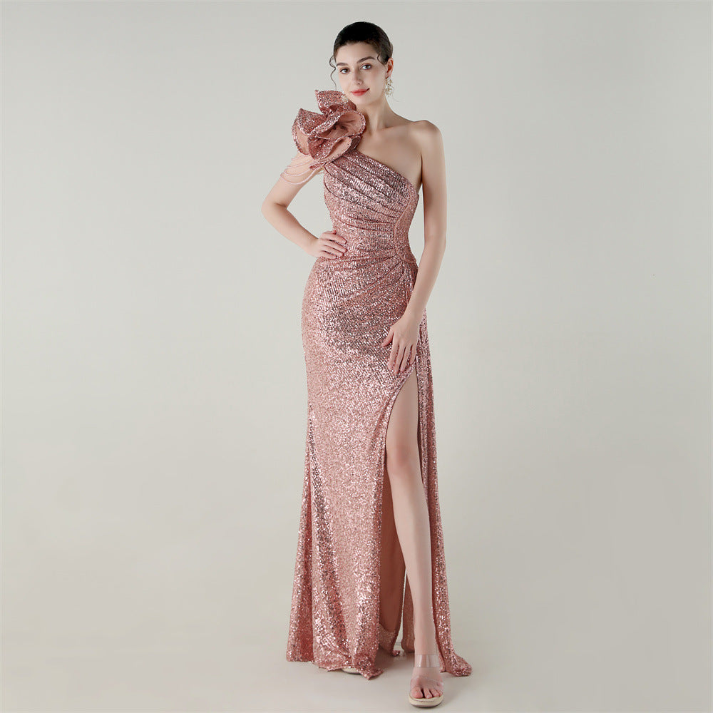 Rose-pink sequin one-shoulder evening dress with diagonal collar and fishtail slit