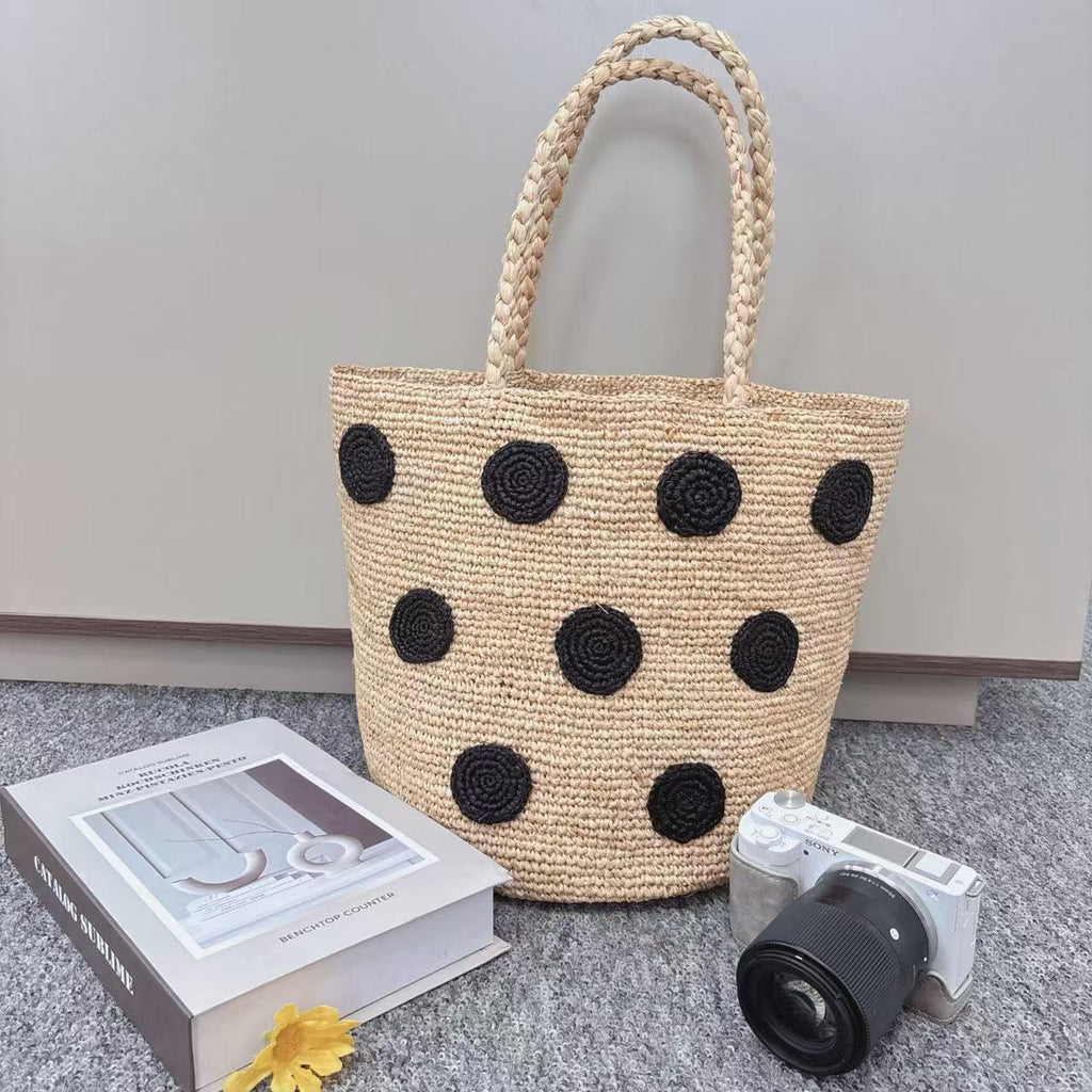 Raffia Black Polka Dot Embroidered Bag – Woven Shoulder Strap Large Summer Bucket Purse