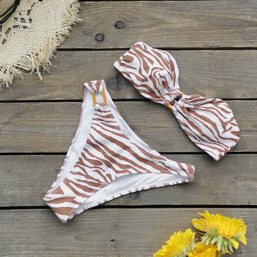 Tube Top Triangle Striped Printed Mid Waist Bikini Sexy Split Swimsuit Women