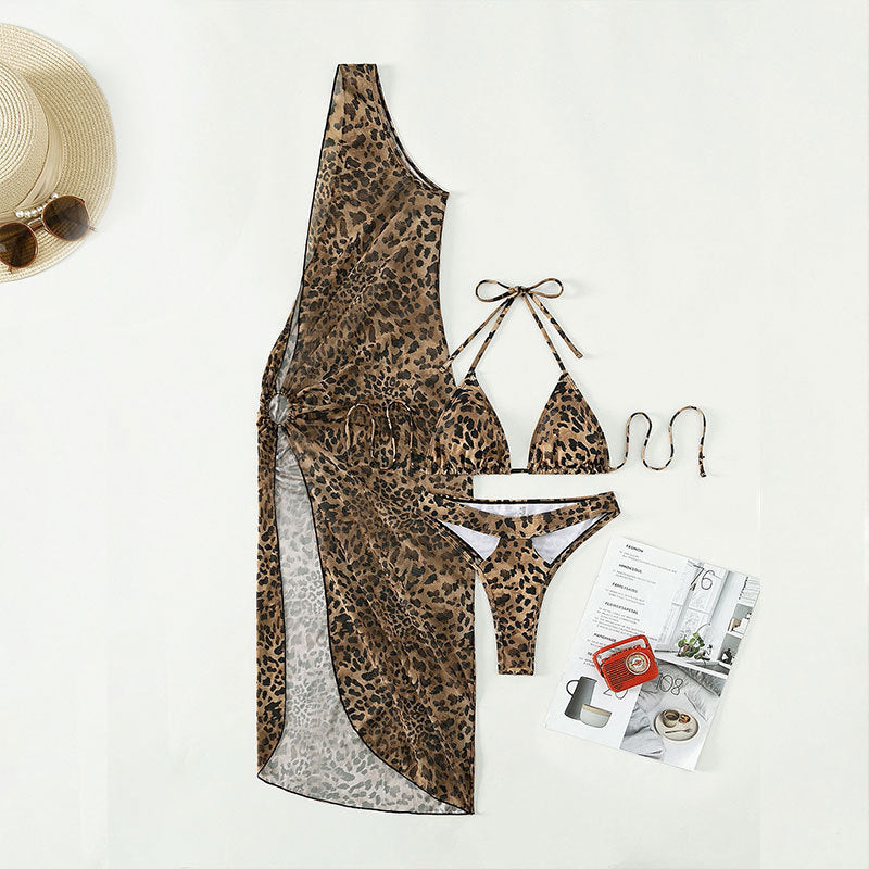 Leopard Print Halter Three Piece Mesh Swimsuit Women Bikini Sun Protection Sexy Swimsuit