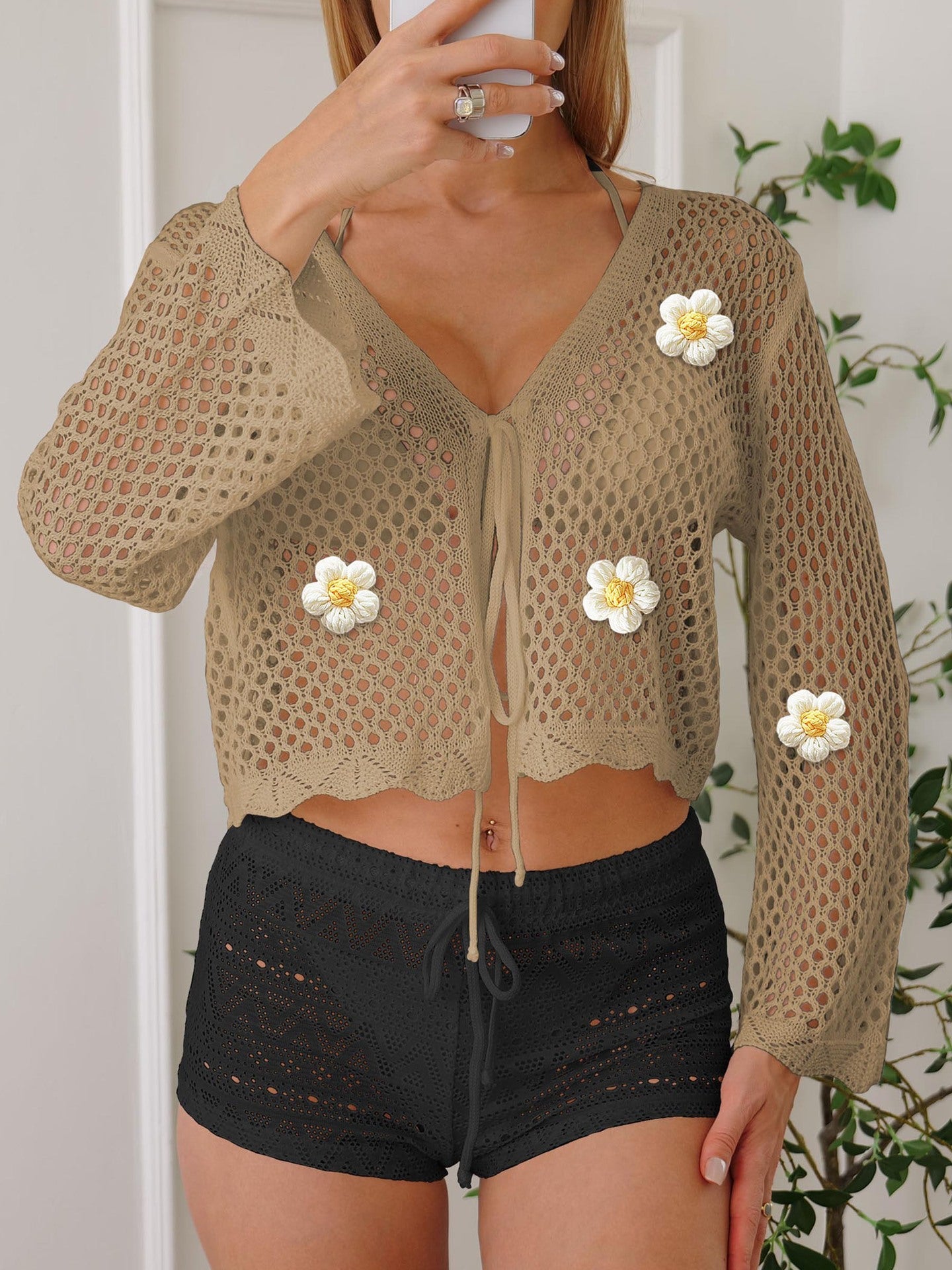 Khaki crochet lace-up cardigan with daisy floral appliques, V-neck, long sleeves