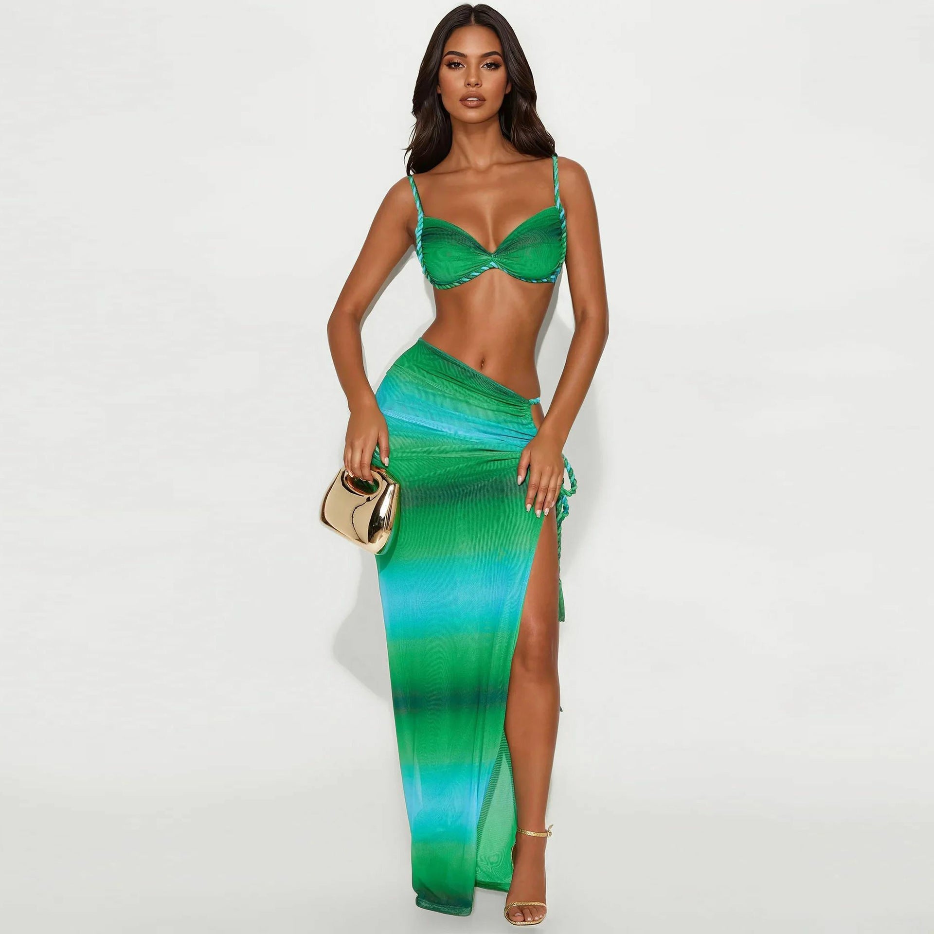 Green gradient woven halter bikini top with matching slit maxi skirt set