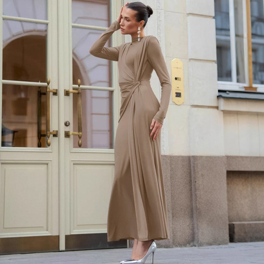 Khaki long-sleeve maxi dress with gathered back waist drape and slim skirt