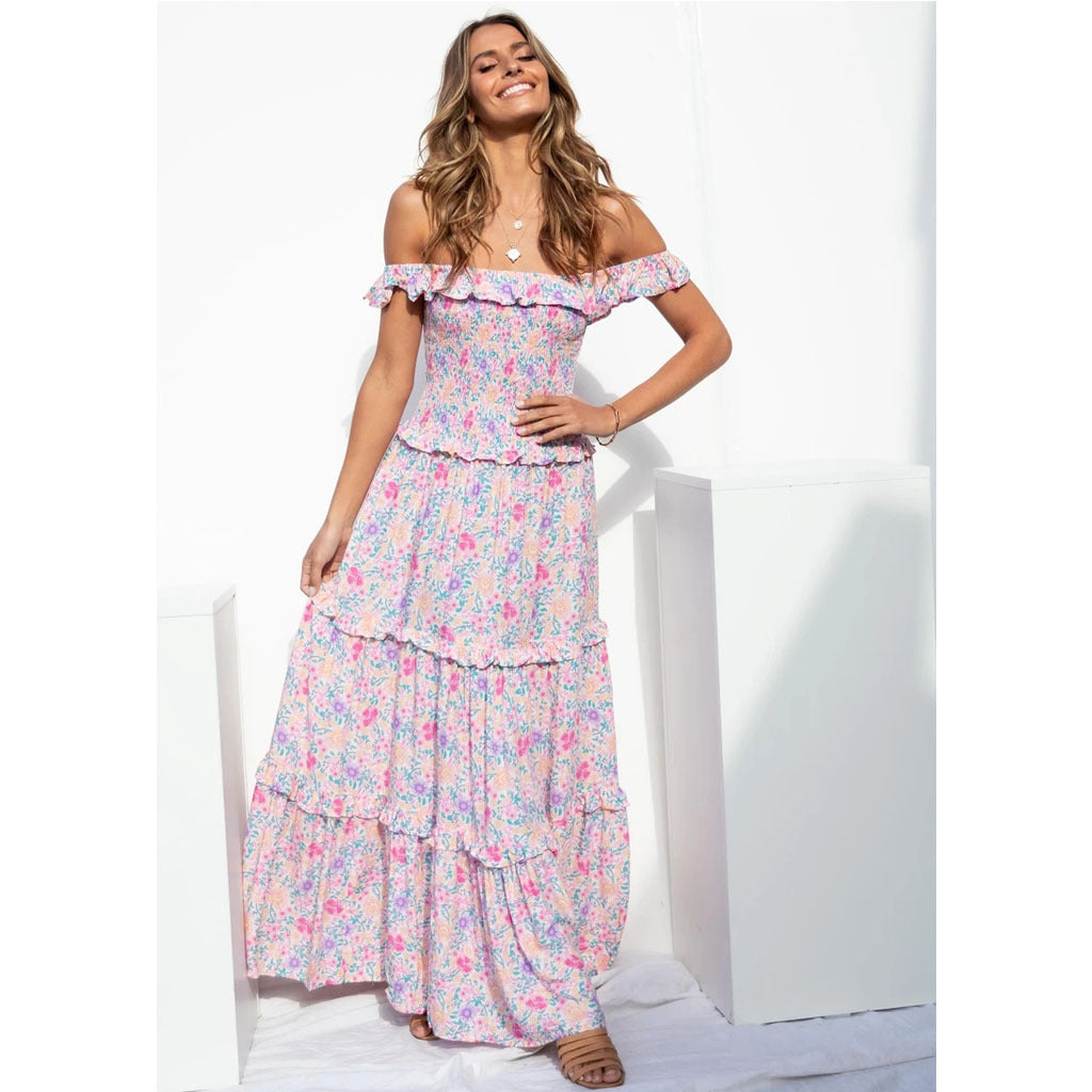 Small Floral Print Fresh Sweet Smocking Chest Wrapped Dress