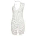 Summer Women Clothing Sexy Solid Color Hollow Out Cutout One Shoulder V neck Short Dress