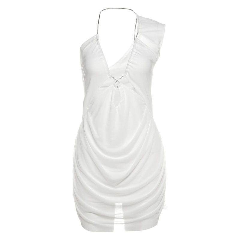 Summer Women Clothing Sexy Solid Color Hollow Out Cutout One Shoulder V neck Short Dress