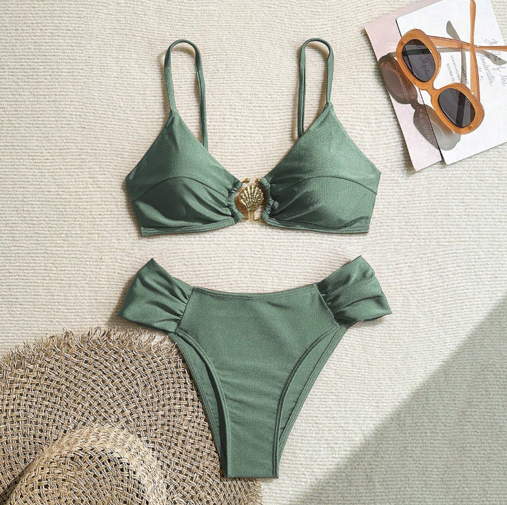 Green solid-color bikini set with triangle top and high-cut brief bottoms