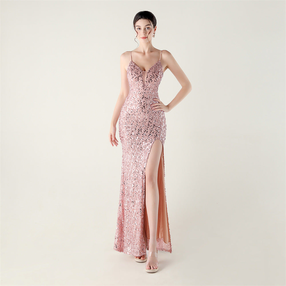 Pink bead-sequin spaghetti-strap evening dress with high slit and fitted silhouette
