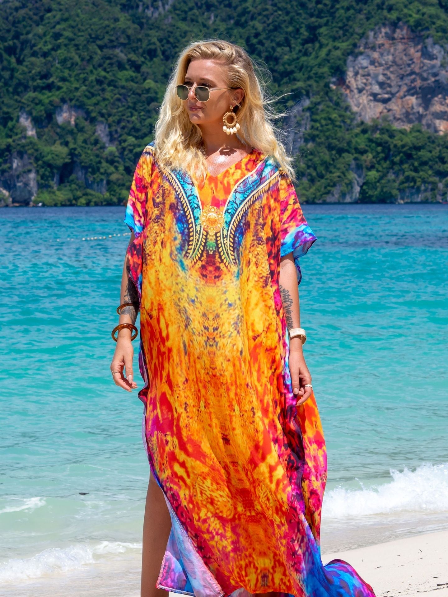 Printed beach cover-up robe dress with bright orange floral pattern and loose fit
