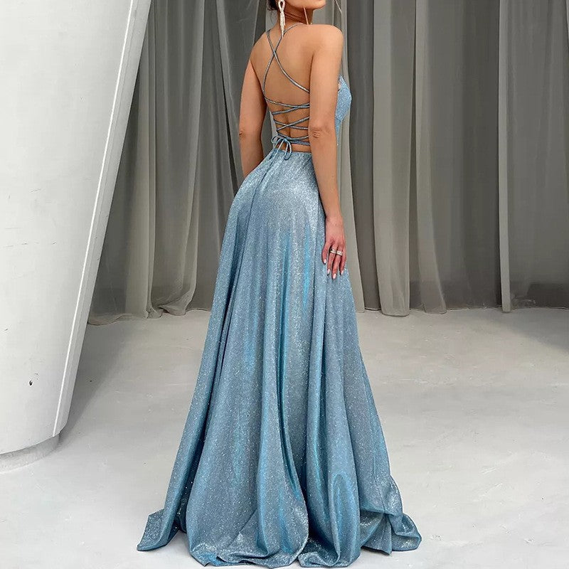 Sky-blue glitter maxi evening dress with crisscross back straps and front thigh slit