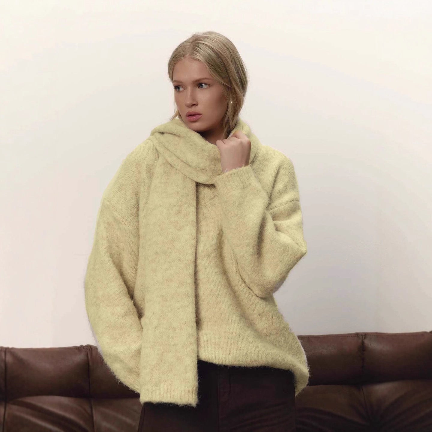 Light khaki fuzzy wool sweater with oversized cowl collar and long sleeves