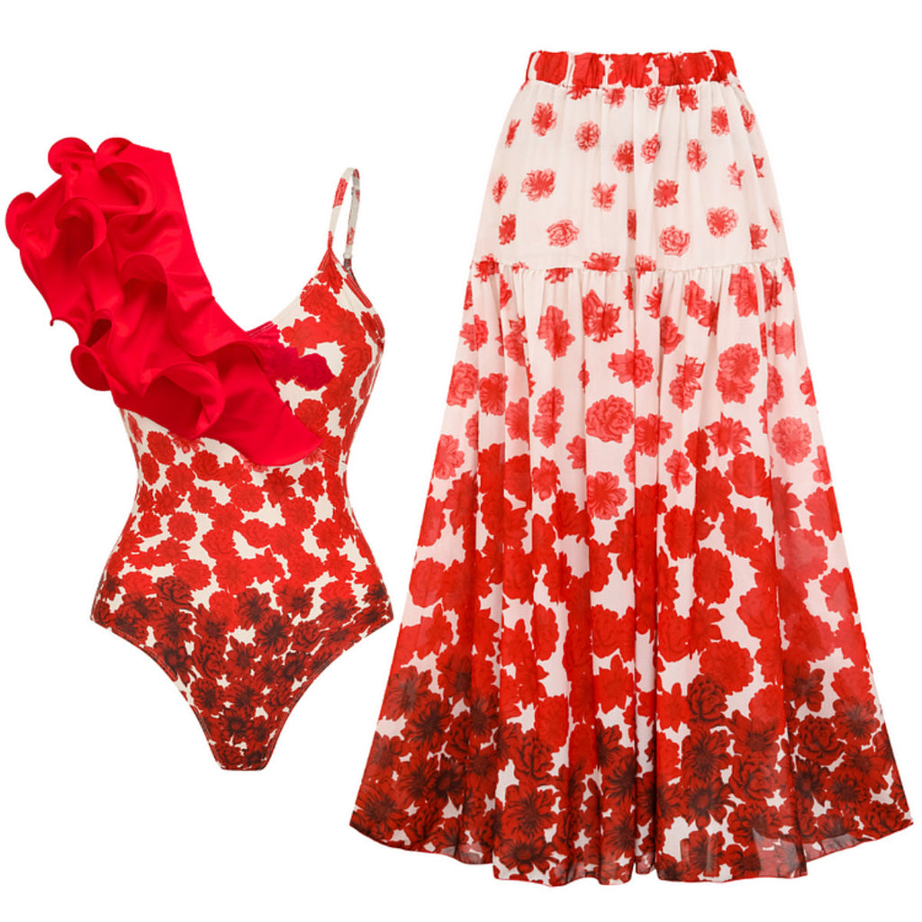 Retro Gradient Floral Print One Piece Swimsuit Women Skirt Two Piece Set