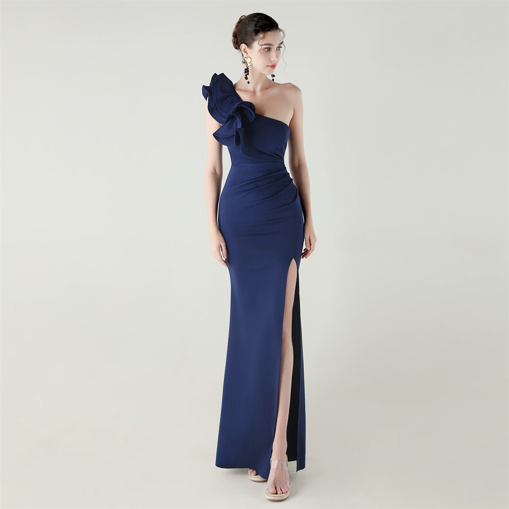 Navy one-shoulder satin evening dress with wave ruffle shoulder and high slit