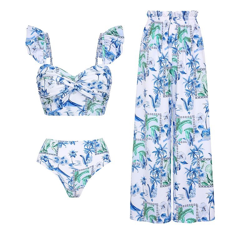 Summer Lotus Leaf Sleeve Split Swimsuit Women Seaside Vacation High Waist Thin Bikini