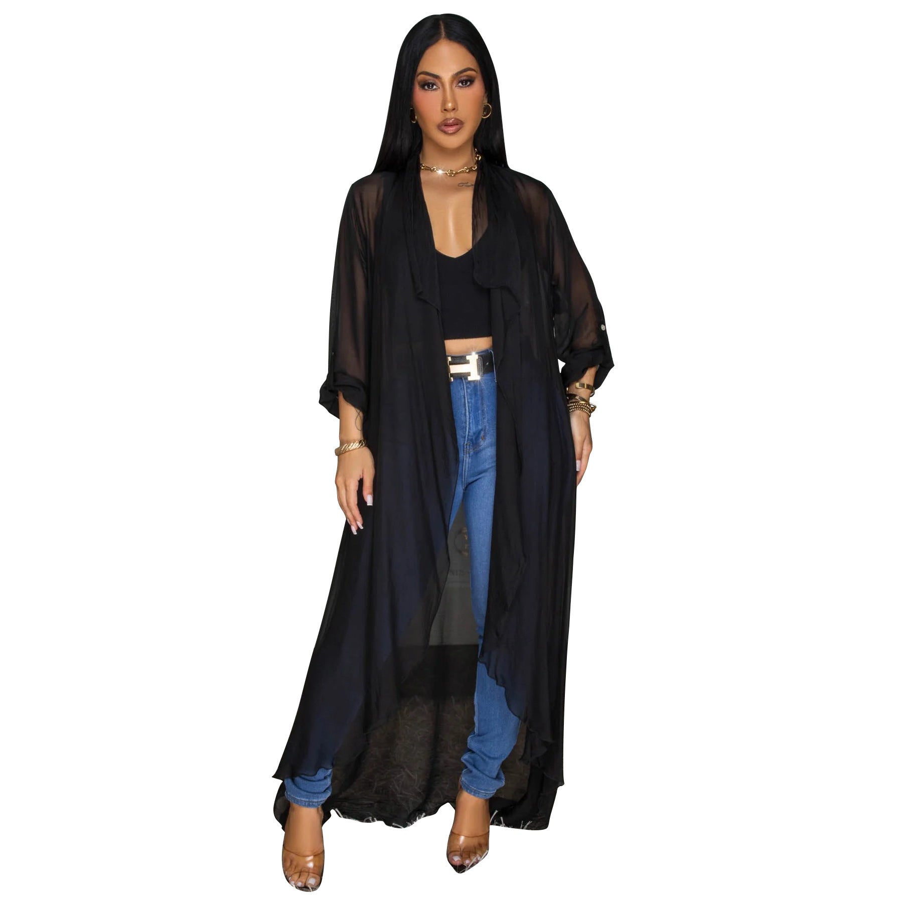 Black chiffon long cardigan duster shirt, open front with wide draped sleeves