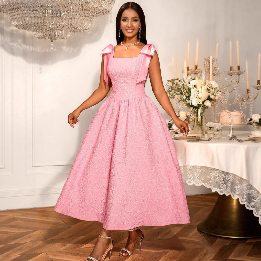 Women Clothing Elegant Bow Dress Jacquard High Waist a Swing Cocktail Evening Dress Party Dresses