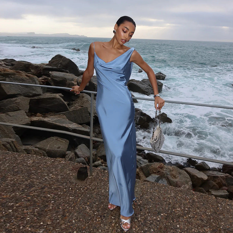 Blue satin formal slip dress with spaghetti straps and column fit
