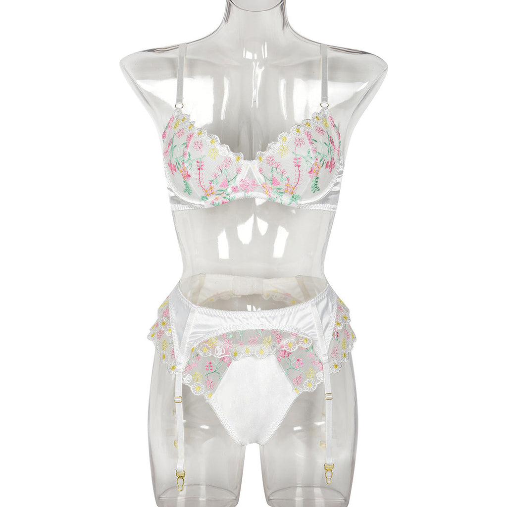 Women Clothing Sexy Lingerie Exquisite Embroidered Floral Stitching Satin Fresh Sweet Three Piece Set