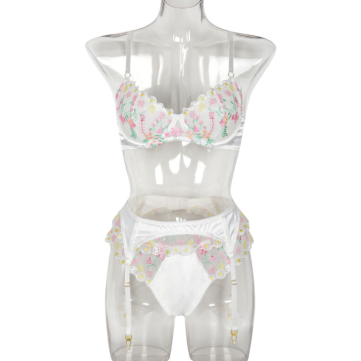 Women Clothing Sexy Lingerie Exquisite Embroidered Floral Stitching Satin Fresh Sweet Three Piece Set