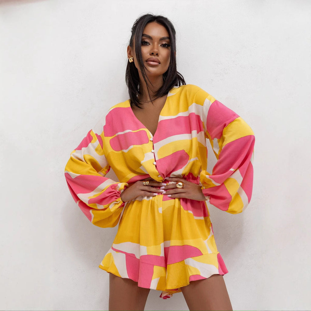 Women Clothing Summer V neck Printed Long Sleeve Waist Trimming Ruffles Shorts Jumpsuit