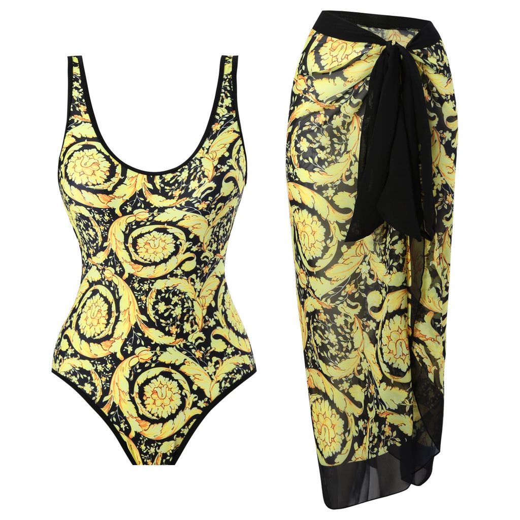 Flying Edge One Piece Women Swimwear Retro Cover Belly Slimming Swimsuit Chiffon Beach Dress