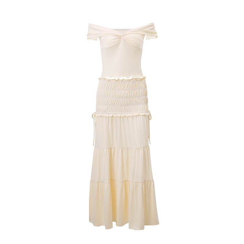 White off-shoulder tiered maxi skirt with gathered smocked layers