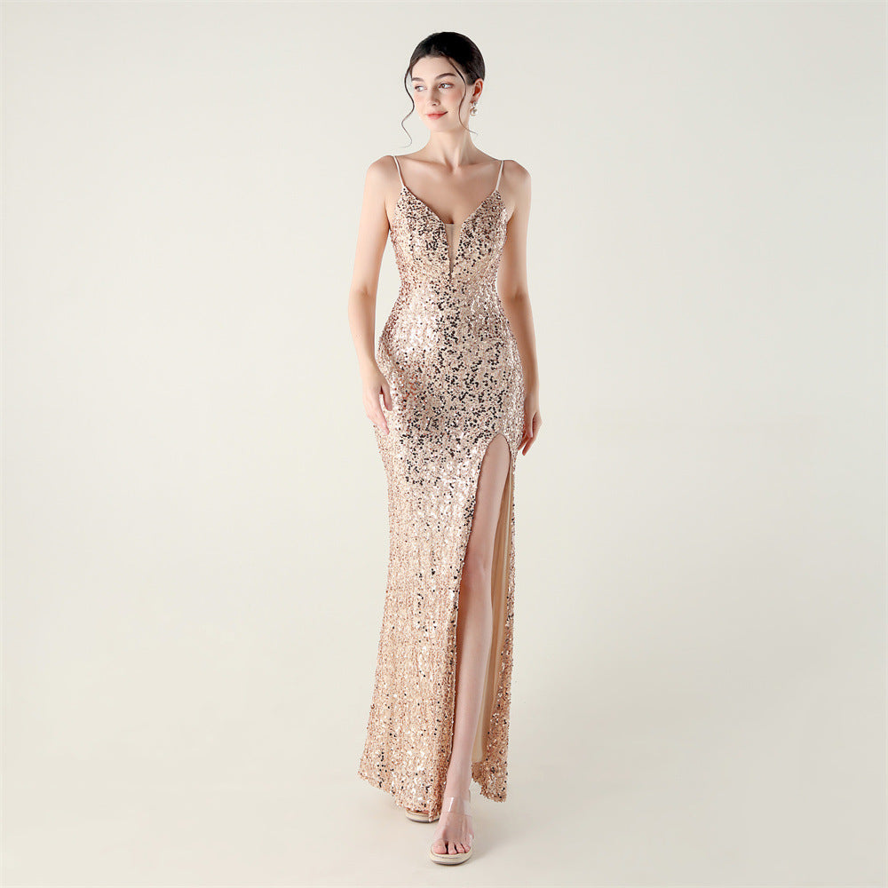 Gold bead-sequin spaghetti-strap evening dress with high slit and fitted silhouette