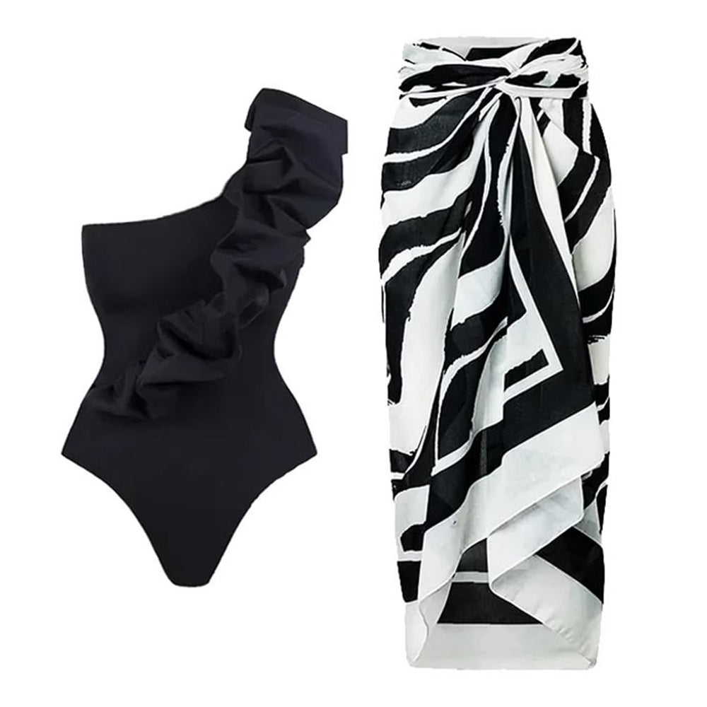Oblique Shoulder Black One Piece Swimsuit Women Vacation Suit Skirt Swimsuit