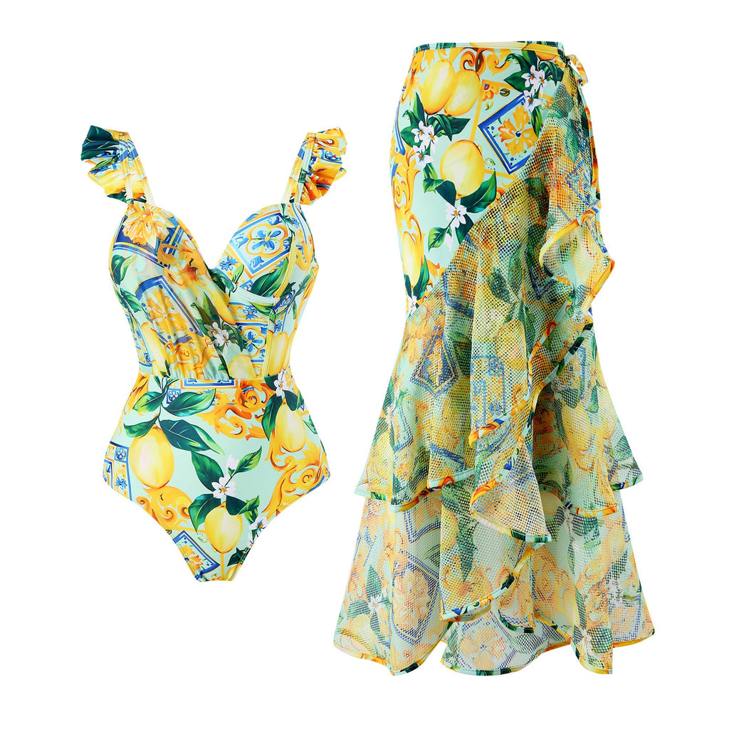Siamese Conservative Flying Edge Covering Belly Thin Sexy Skirt Swimsuit Women Wrap Skirt Set