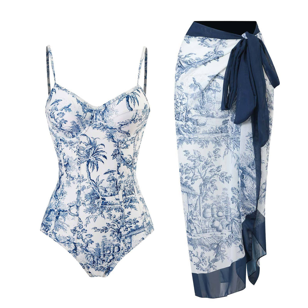 One Piece Swimsuit Women Conservatively Thin Vintage Printed Chiffon Dress with Steel Bracket Hard Bag Swimsuit