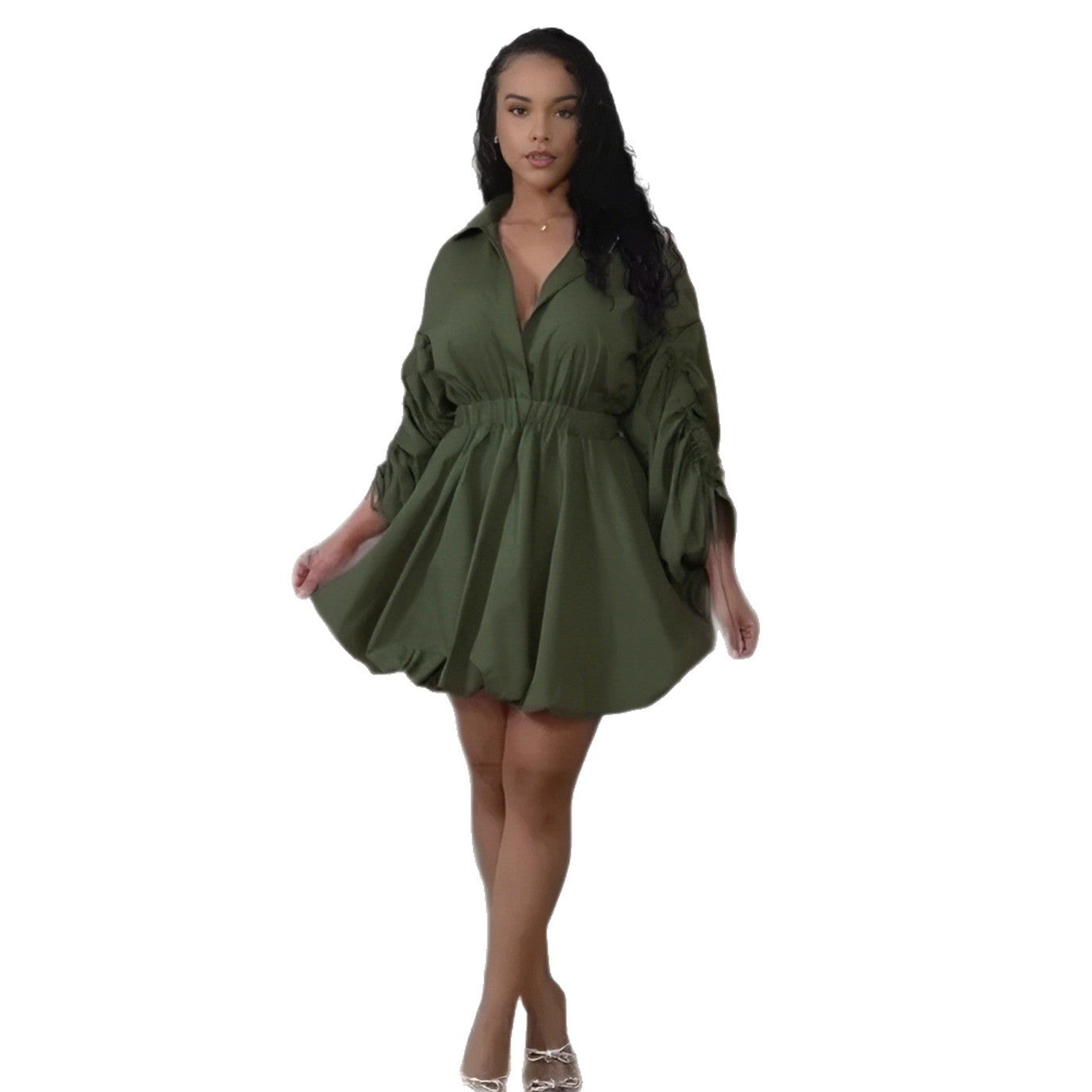 Army green V-neck long-sleeve dress with gathered waist and bubble skirt