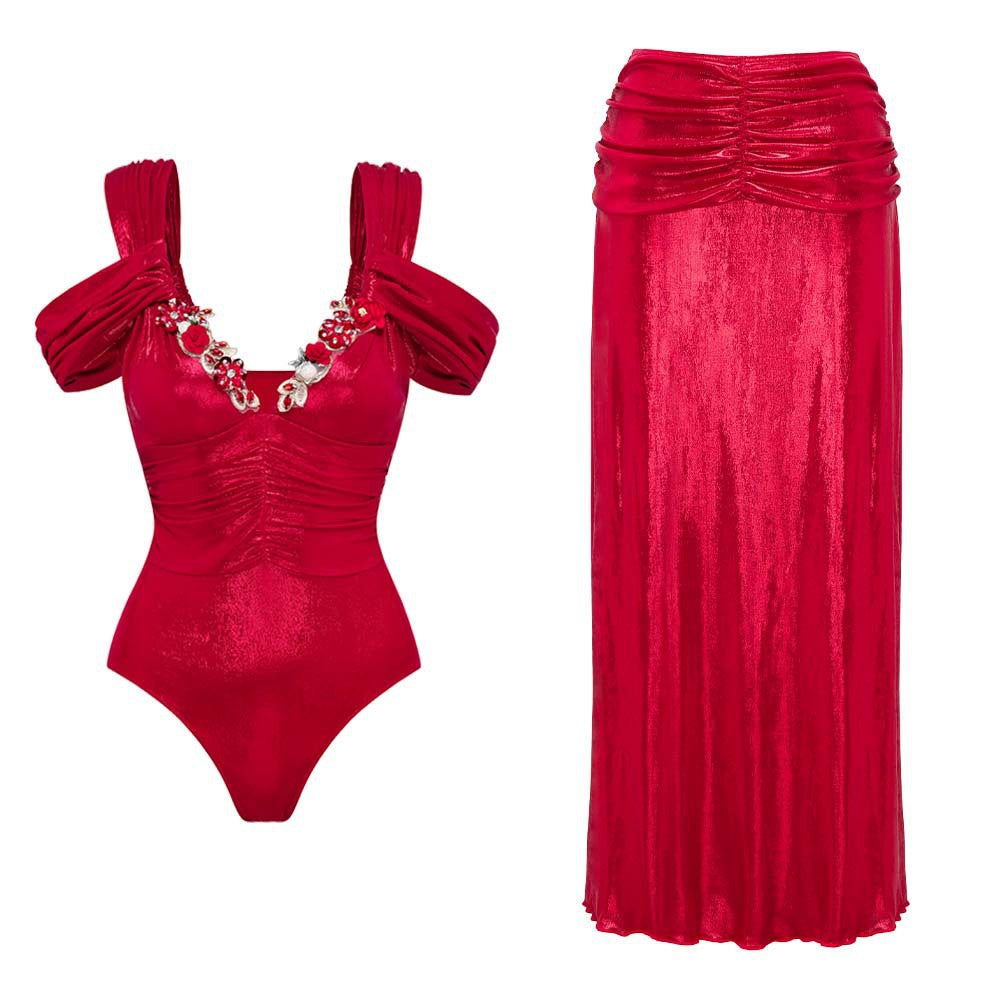 V Neck Solid Color Luminous Fabric One Piece Swimsuit Women